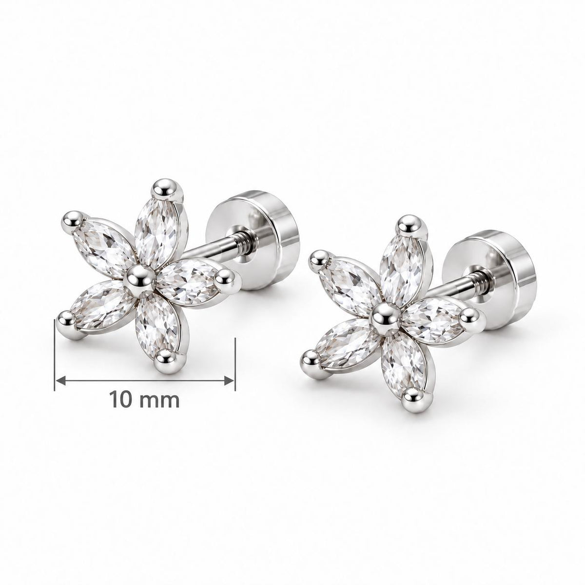 Pendientes Flor Aurora 10 mm con Circón Transparente – Hipoalergénicos, Resistentes al Agua y Cierre de Rosca Trasera