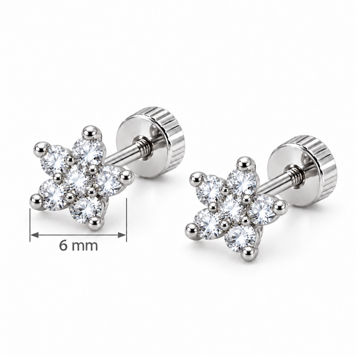 Par de Pendientes Flor Lumière de 6 mm con Circonitas Transparentes – Acero Inoxidable Hipoalergénico, Resistentes al Agua, Cierre de Rosca Trasera | Dorado y Plateado
