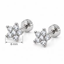 Par de Pendientes Flor Lumière de 6 mm con Circonitas Transparentes – Acero Inoxidable Hipoalergénico, Resistentes al Agua, Cierre de Rosca Trasera | Dorado y Plateado