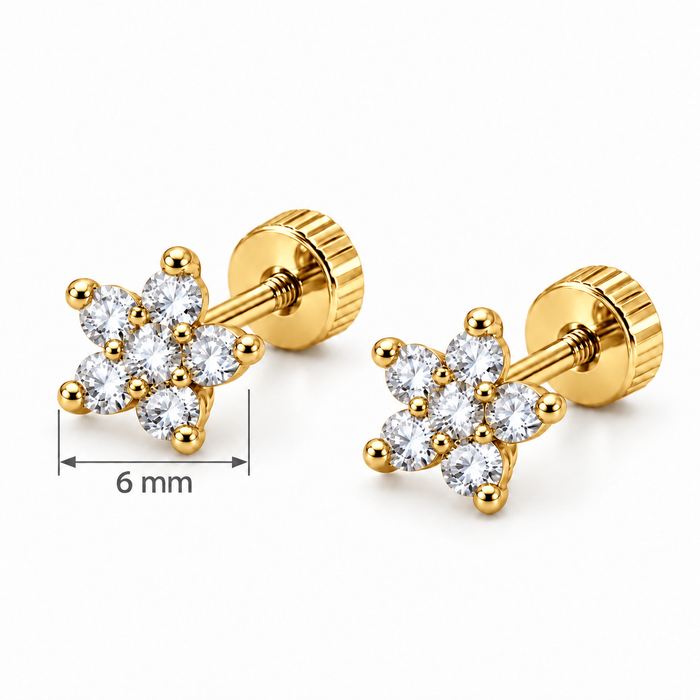 Par de Pendientes Flor Lumière de 6 mm con Circonitas Transparentes – Acero Inoxidable Hipoalergénico, Resistentes al Agua, Cierre de Rosca Trasera | Dorado y Plateado
