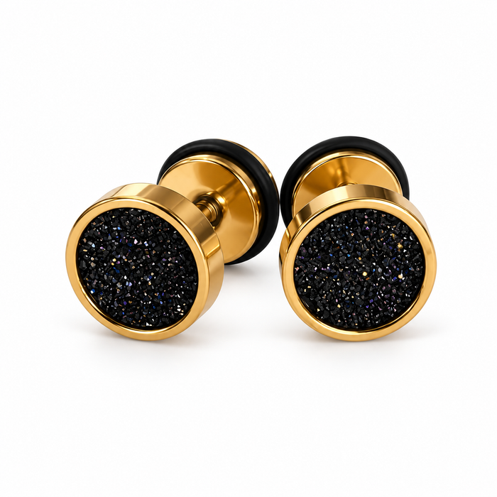 Pendientes Eclipse Negro – Acabado Dorado con Brillo Cristalino | Diseño Redondo Unisex