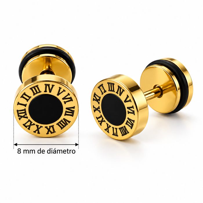 Roman Gold – Par de Pendientes Dorados con Números Romanos y Centro Negro | Acero Inoxidable Unisex