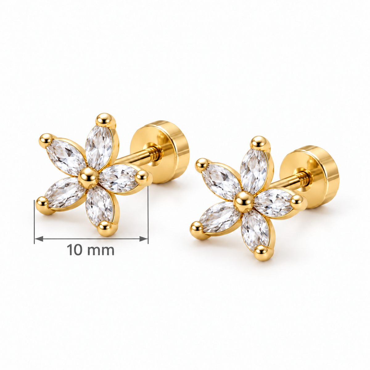 Pendientes Flor Aurora 10 mm con Circón Transparente – Hipoalergénicos, Resistentes al Agua y Cierre de Rosca Trasera
