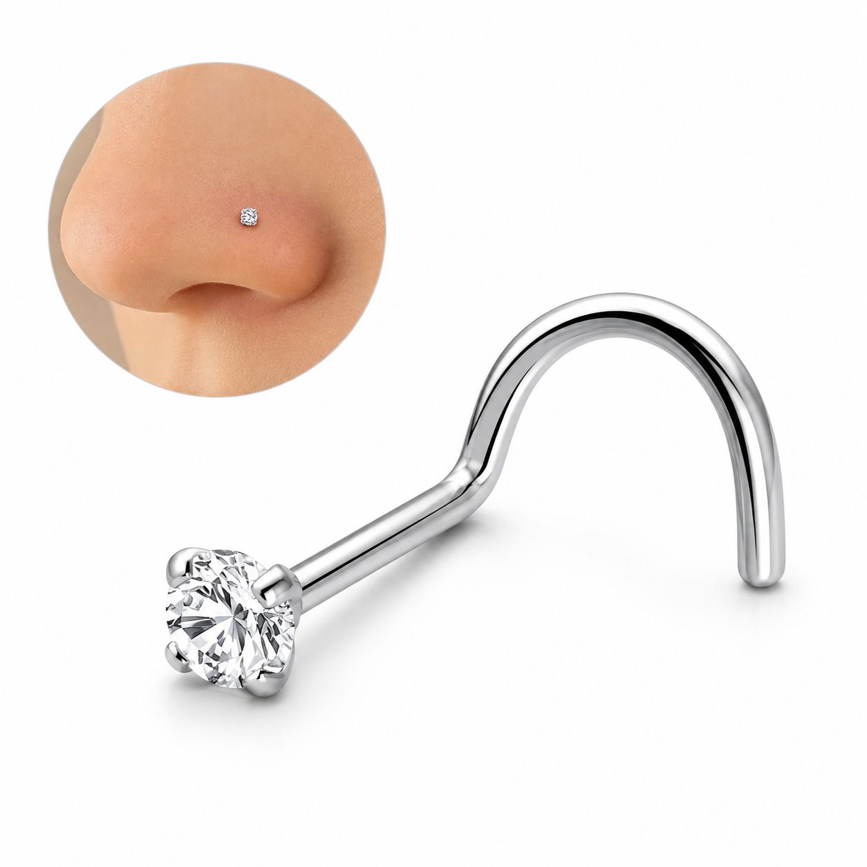 Detalle del piercing de nariz con cristal disponible en 2 mm, 2,5 mm y 3 mm