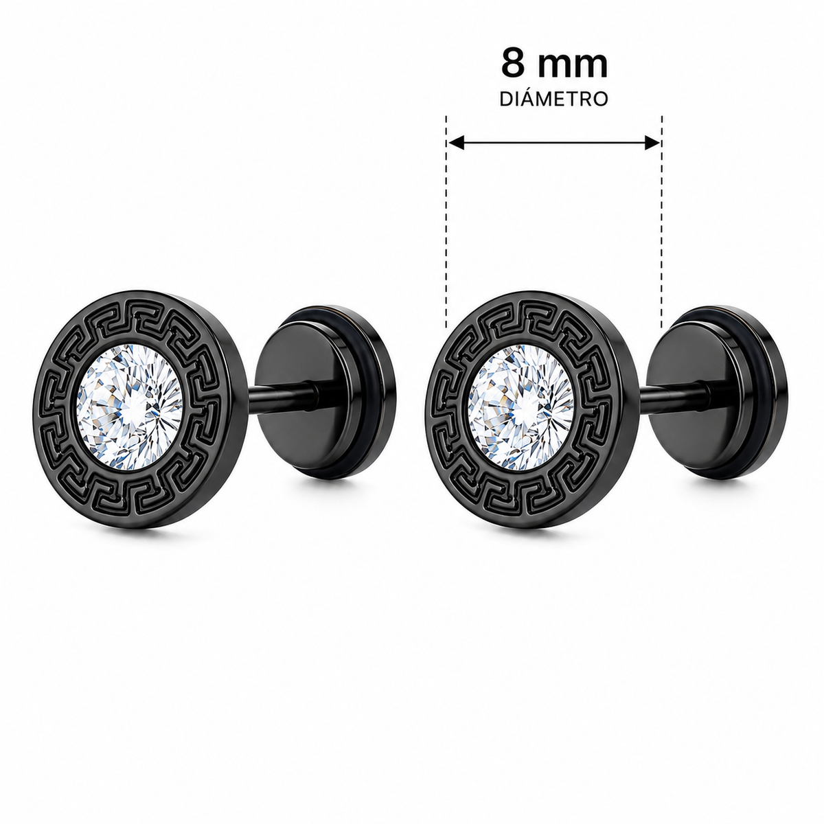 Pendientes Greca Royale negros de 8 mm con cierre de rosca trasera