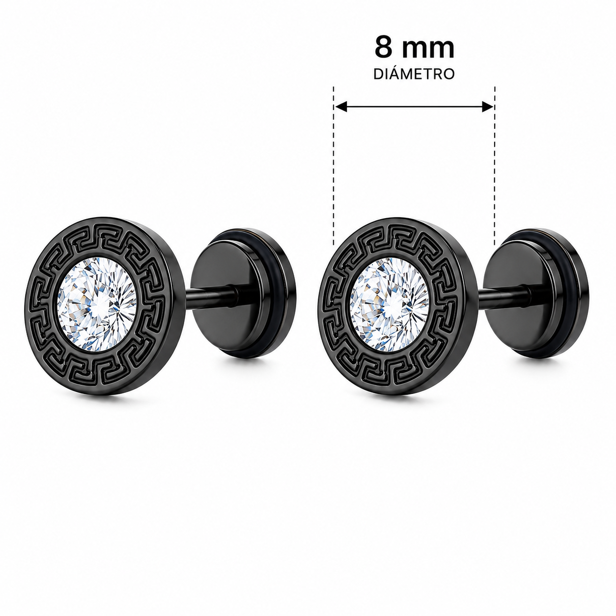 Pendientes Greca Royale negros de 8 mm con cierre de rosca trasera