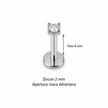 Piercing Labret Zircon 2 mm plateado, rosca delantera, palo 8 mm
