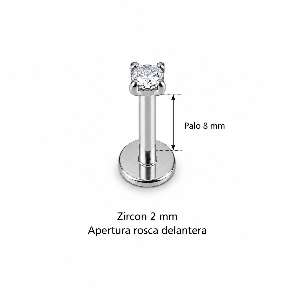 Piercing Labret Zircon 2 mm plateado, rosca delantera, palo 8 mm