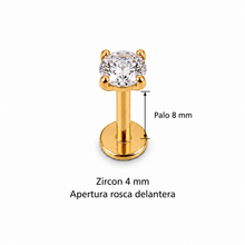 Piercing Labret Zircon 4 mm dorado, rosca delantera, palo 8 mm