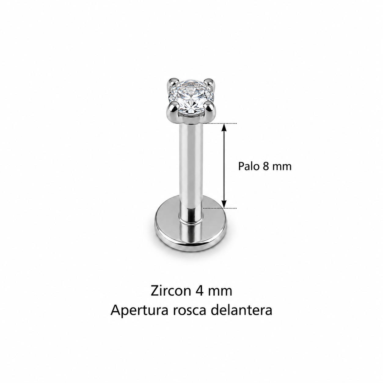 Piercing Labret Zircon 4 mm plateado, rosca delantera, palo 8 mm