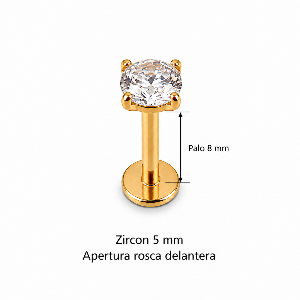 Piercing Labret Zircon 5 mm dorado, rosca delantera, palo 8 mm