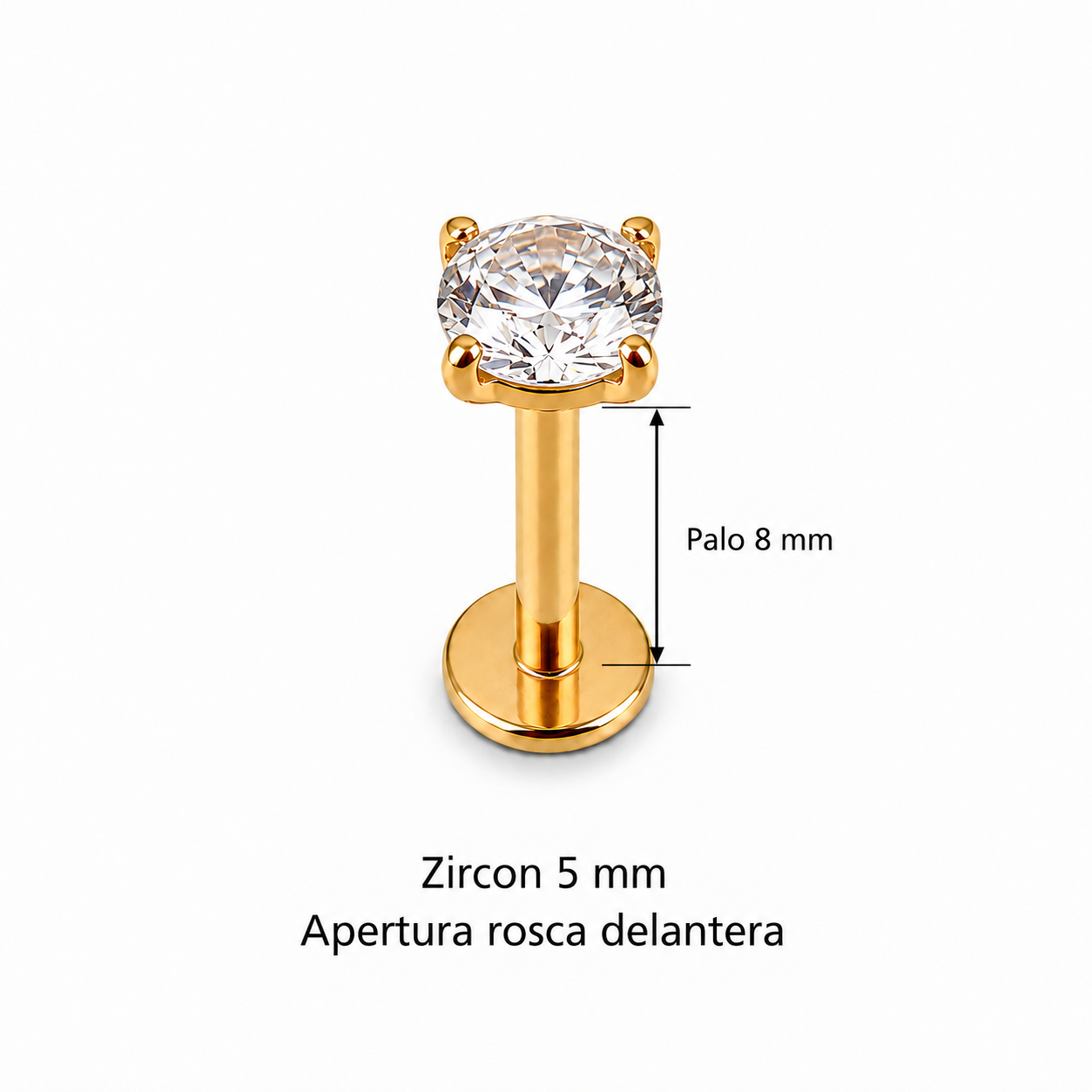 Piercing Labret Zircon 5 mm dorado, rosca delantera, palo 8 mm
