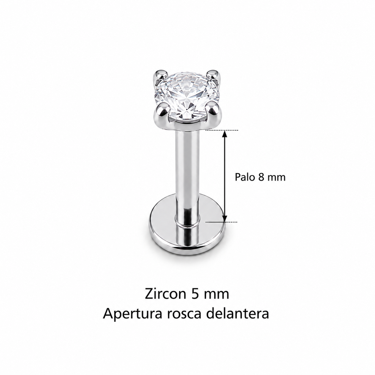 Piercing Labret Zircon 5 mm plateado, rosca delantera, palo 8 mm