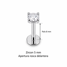 Piercing Labret Zircon 5 mm plateado, rosca delantera, palo 8 mm