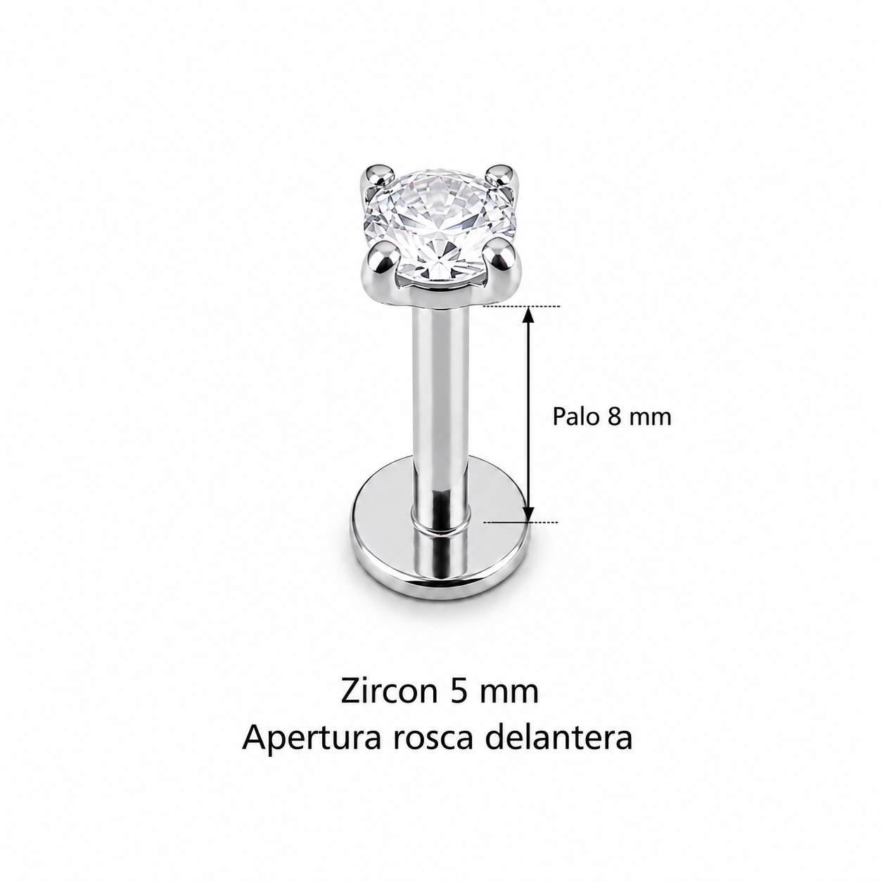Piercing Labret Zircon 5 mm plateado, rosca delantera, palo 8 mm