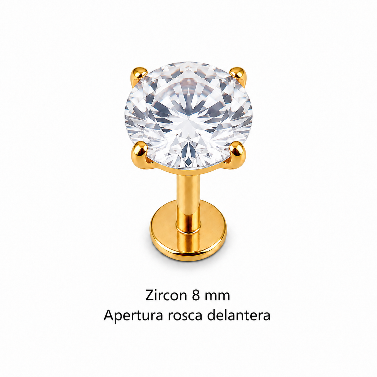 Piercing Labret Zircon 8 mm dorado, rosca delantera