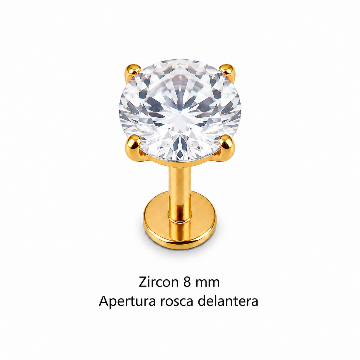 Piercing Labret Zircon 8 mm dorado, rosca delantera