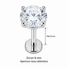 Piercing Labret Zircon 8 mm plateado, rosca delantera, palo 8 mm
