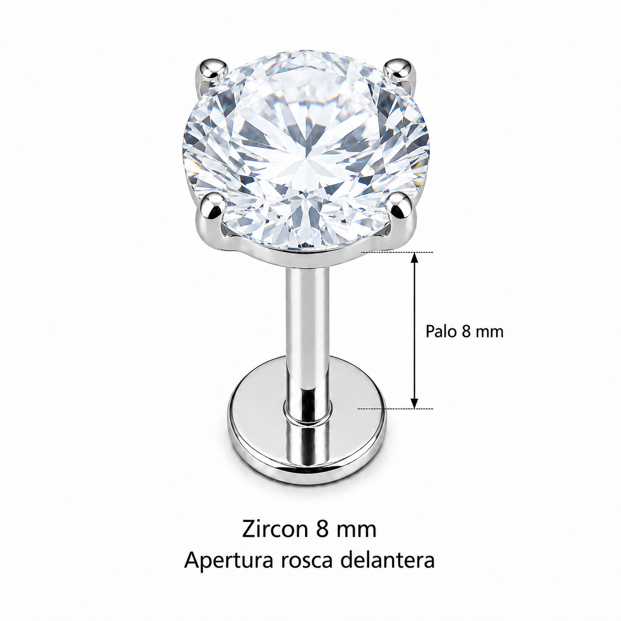 Piercing Labret Zircon 8 mm plateado, rosca delantera, palo 8 mm